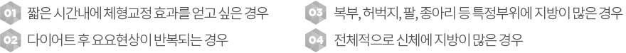 01. 짧은 시간내에 체형교정 효과를 얻고 싶은 경우02.다이어트 후 요요현상이 반복되는 경우03.복부, 허벅지, 팔, 종아리 등 특정부위에 지방이 많은 경우04.전체적으로 신체에 지방이 많은 경우  